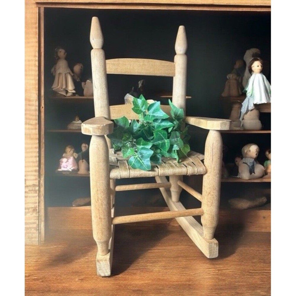 Display Wooden Rocking Chair Rattan Seat Small 13” Tall For Dolls Flower Vintage